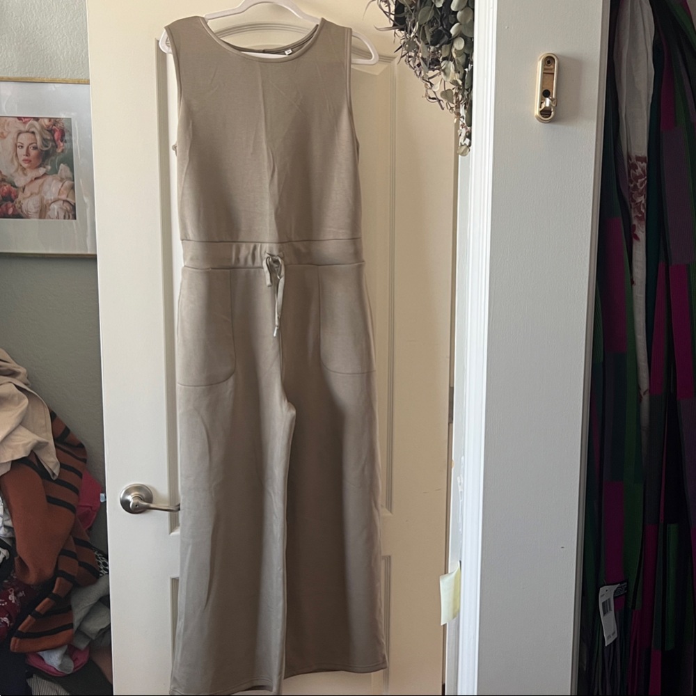 Sleeveless Drawstring Wide-Leg Jumpsuit in Taupe